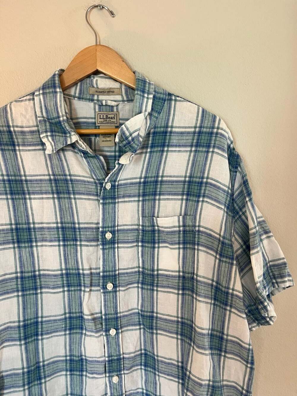 L.L. Bean, Big & Tall 2XLT 100% Linen, Blue Checkered Print Button Up